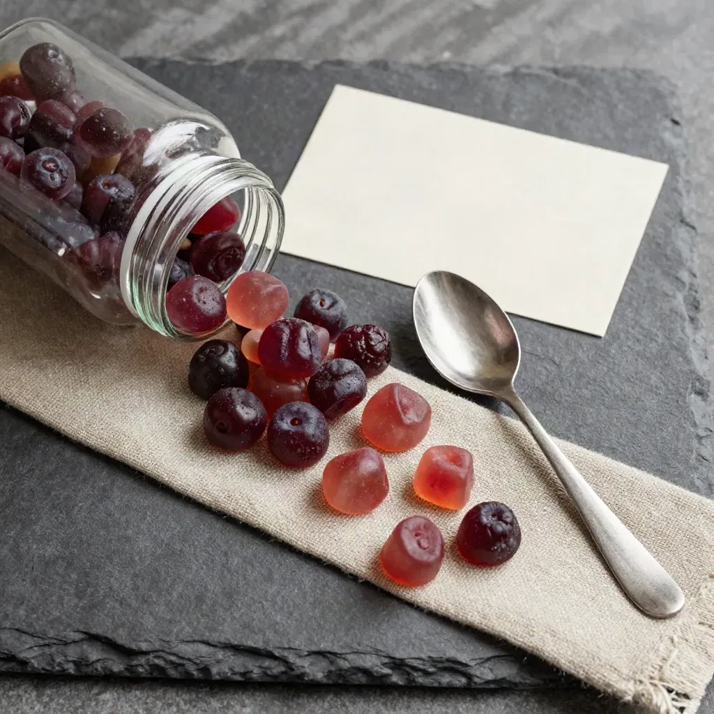 Overhead flatlay of a gummies jar, spoon, linen strip, and spilled berry gummies on stone.