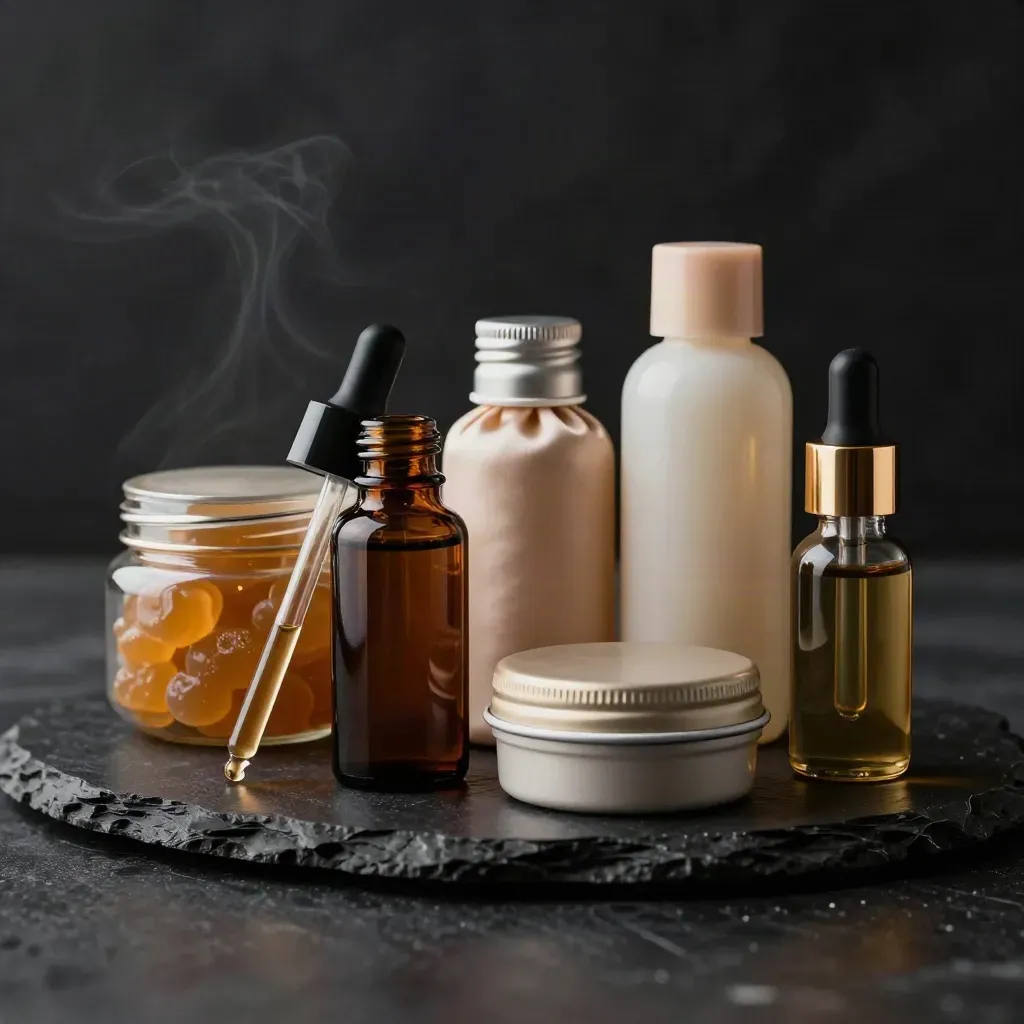 CBD tincture, gummies, capsules, balm tin, and oil dropper arranged in a dramatic bundle