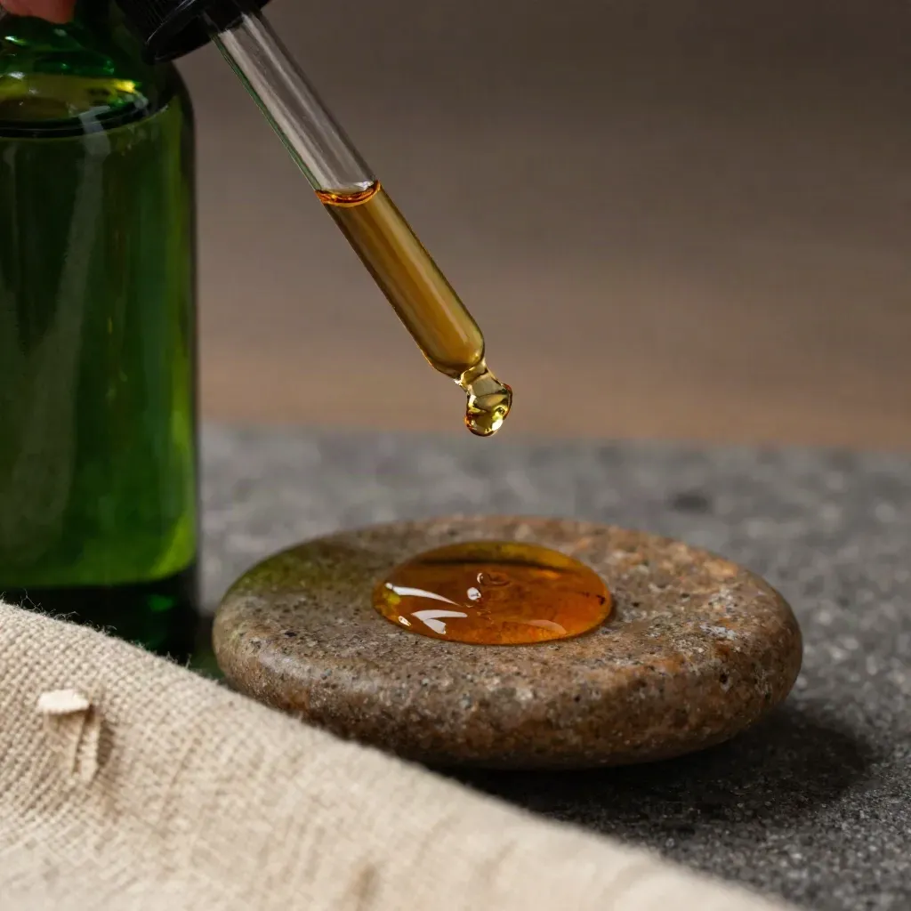 Macro of oil bottle pipette with amber bead above pebble dish and linen
