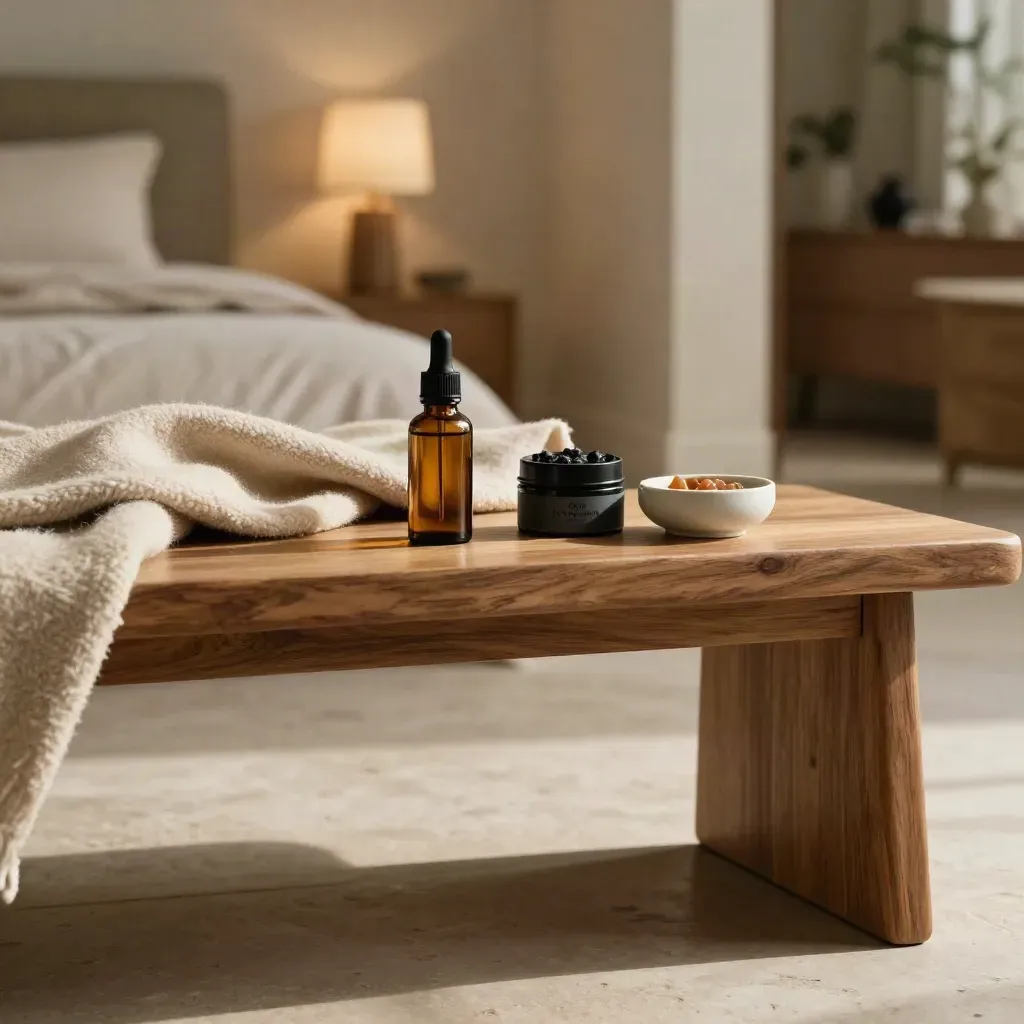 CBD sleep support products on an oak bench in a sunlit bedroom alcove