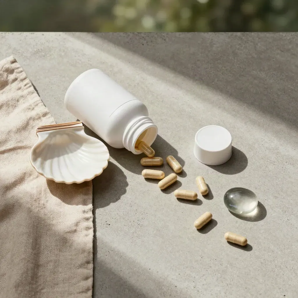 Overhead flatlay of calm capsules, bottle, shell dish, linen and glass pebble on concrete