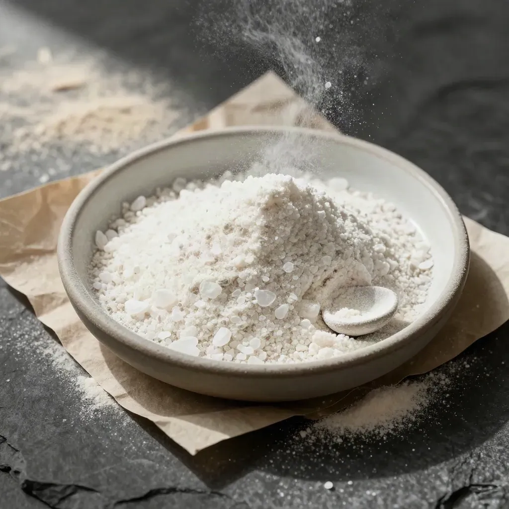 Macro of CBD isolate powder ridge in a ceramic dish with tiny scoop and folded parchment.
