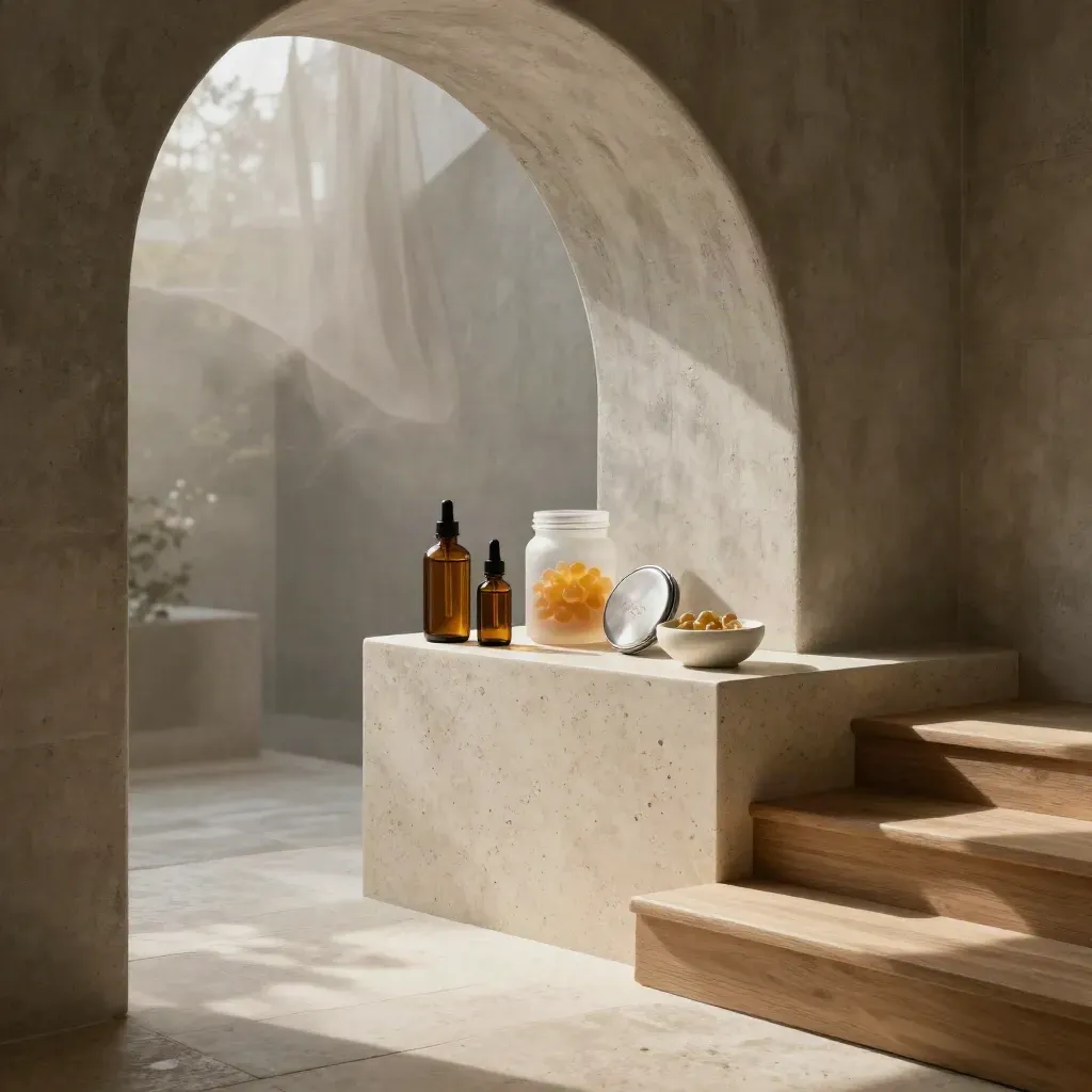 Arched spa corridor with CBD tinctures and a sheer curtain, calm stone floor below, soft daylight.