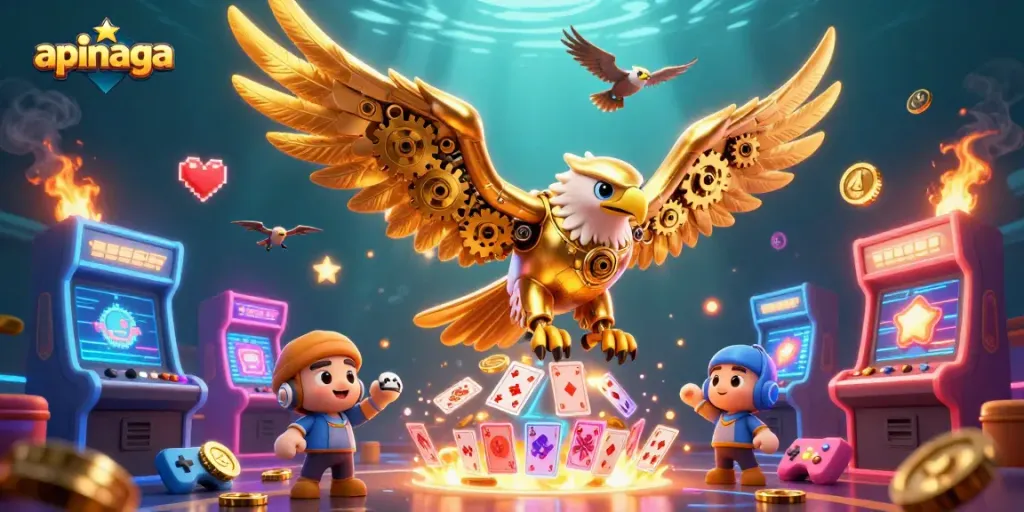 Engage with gaming excitement at apinaga, where the cybernetic eagle navigates a vibrant casino world.