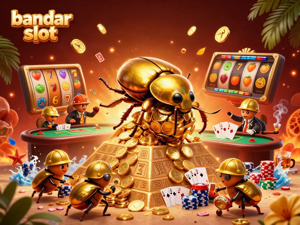 Menangkan permainan di bandar slot dengan ilustrasi ceria dan simbol kasino berkilau.