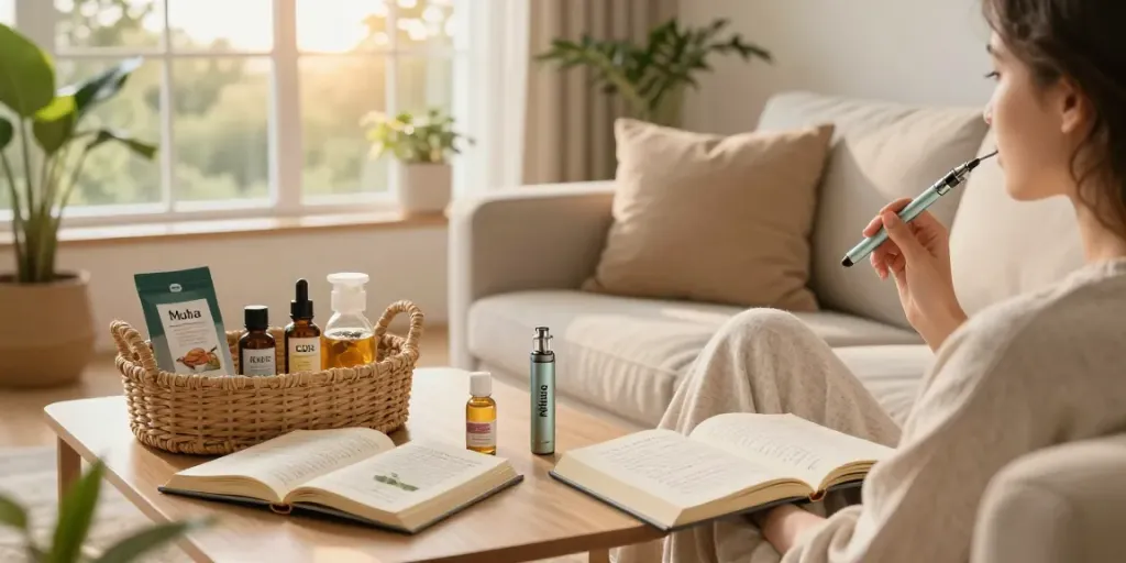 Experience wellness with Muha meds carts in a serene home setting, showcasing CBD oils and a cozy atmosphere.