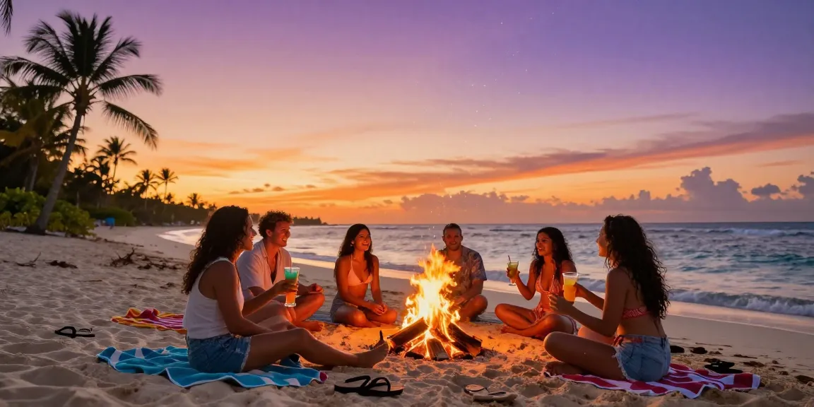 Group friends enjoying a bonfire at a Bahamas beach, with vibrant sunset colors, capturing the essence of rokok88's tropical lifestyle.