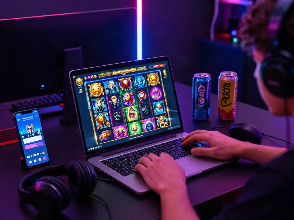Player exploring slot resmi demo games on sleek laptop with vibrant graphics in modern gaming room.