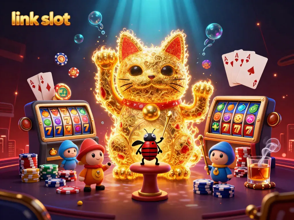 Slot reel dan simbol keberuntungan berjalan dalam ilustrasi digital yang berwarna cerah, menggambarkan konsep "link slot".