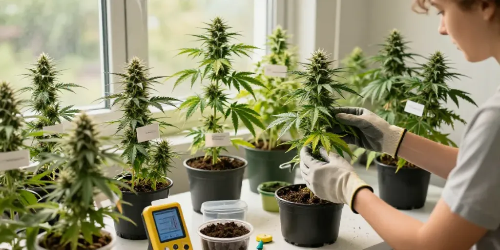 Cannabissamen kaufen in a vibrant indoor garden with a dedicated grower inspecting healthy cannabis plants.