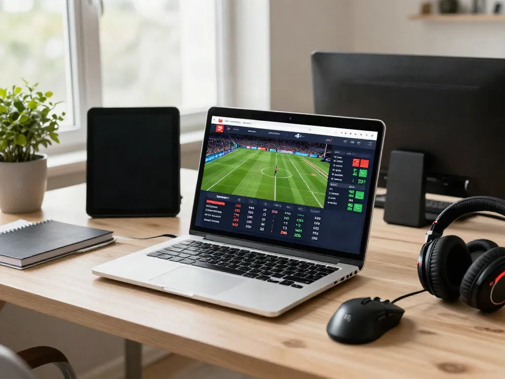 Pengguna Totobet terlibat dalam taruhan olahraga online di ruang kerja modern, dikelilingi aksesori permainan.