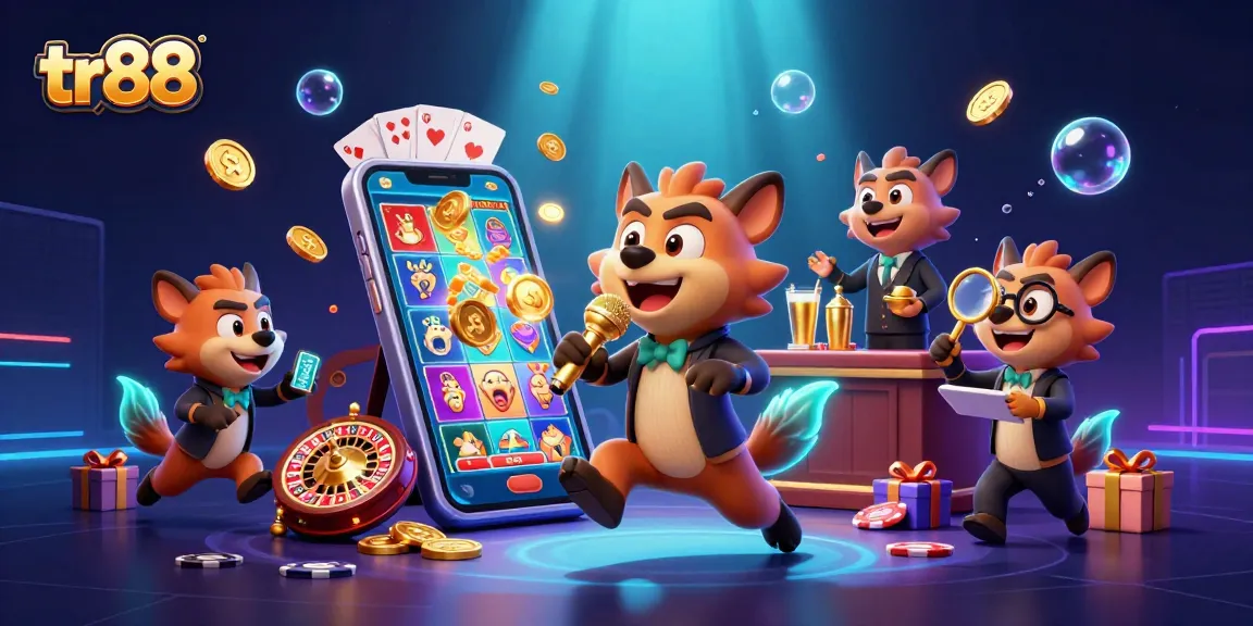 Tr88-themed hyena comedians animate a lively casino scene with games and excitement.