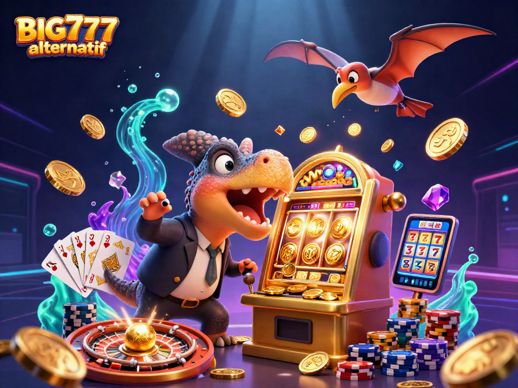 Activate BIG777 alternatif by hitting a golden slot machine for jackpots amidst cascading coins.
