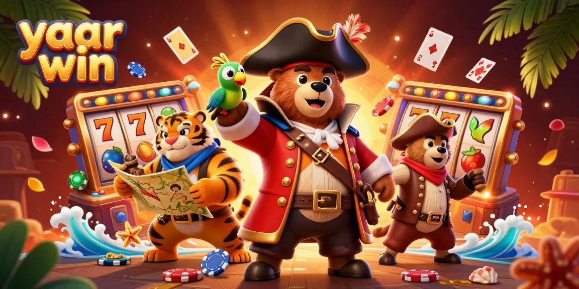 Win with yaar win while playing alongside a bear captain and tiger in a vibrant casino scene.