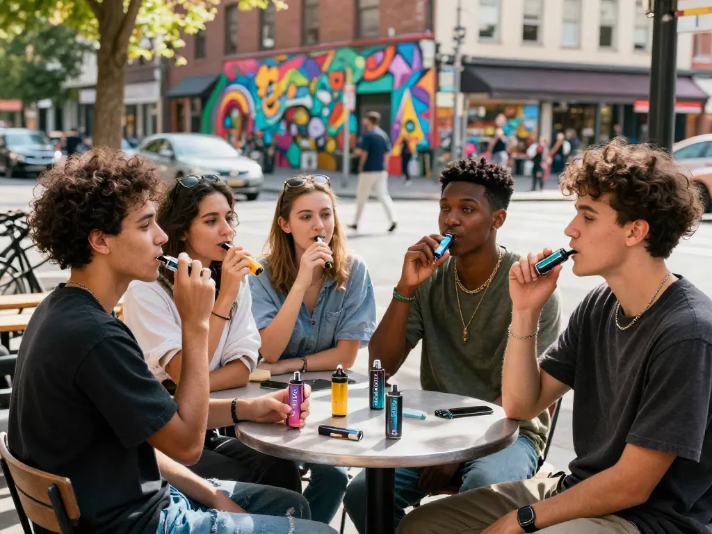 Friends savoring Hitz infinity Gen 7 disposable vapes in a vibrant urban setting.
