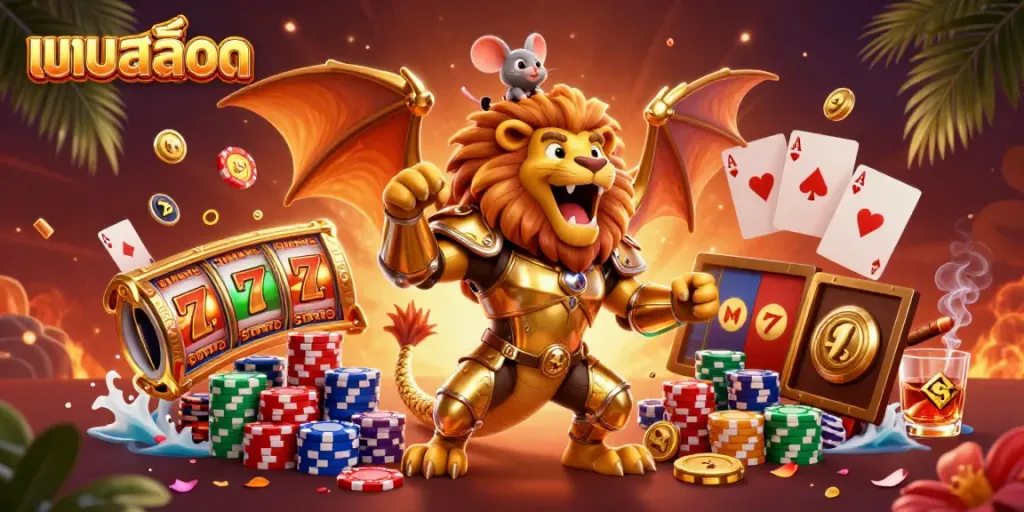 Engage with แบบสล็อต as a golden chimera and mouse jockey dominate a vibrant casino scene with slot reels and poker elements.