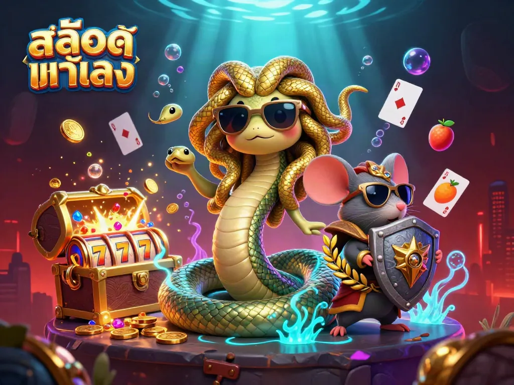 Engage with the vibrant scene featuring สล็อตแท้ตรง Medusa and a warrior mouse among slot reels and treasures.