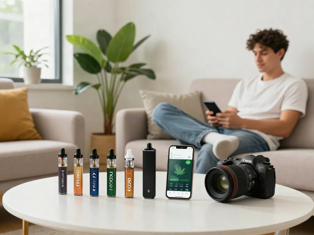 Young adult using a thcx vape pen in a cozy urban apartment setting.