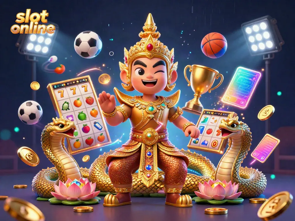 Gambarkan keseruan permainan slot online dengan makhluk mitologi dan simbol kemenangan.
