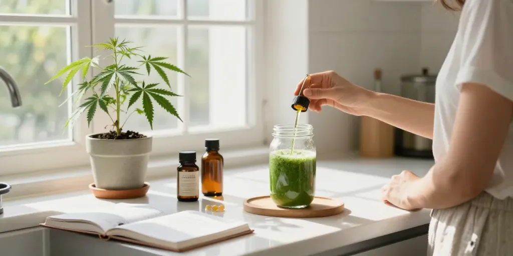 Muha meds carts featured in a bright kitchen wellness routine with CBD oil, organic ingredients, and natural elements.