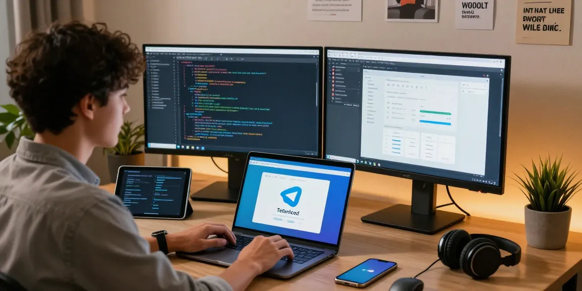 Experience seamless connection with Telegram Download on a modern workspace setup featuring tech gadgets and coding displays.