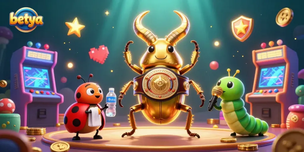 Betya's vibrant gambling scene featuring a giant stag beetle champion and colorful game elements.
