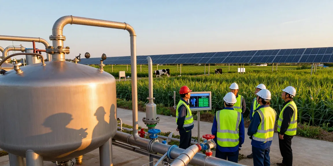 Biogas production technicians monitoring anaerobic digestion system, showcasing renewable energy innovation.