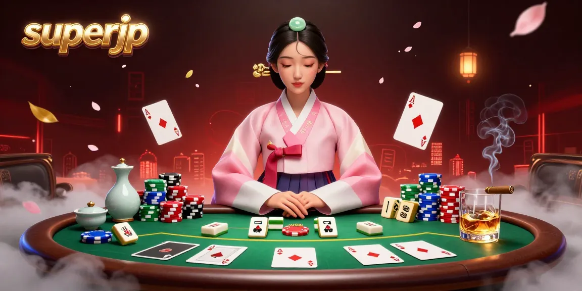 Check out superjp's exciting online poker world with vibrant game elements surrounding a serene Asian woman.