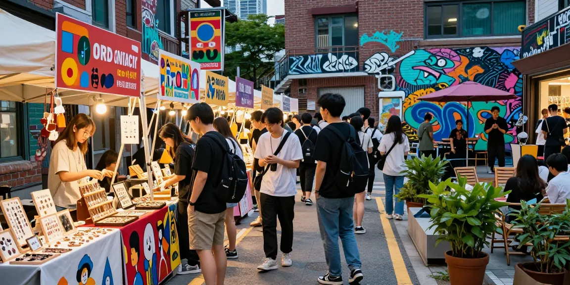 Exploring vibrant Seoul pop-up market with local crafts and street food, https://forumup.org/shop/search.php?ca_id=&addr1=&addr2=&addr3=&schKeyword in a lively urban setting.