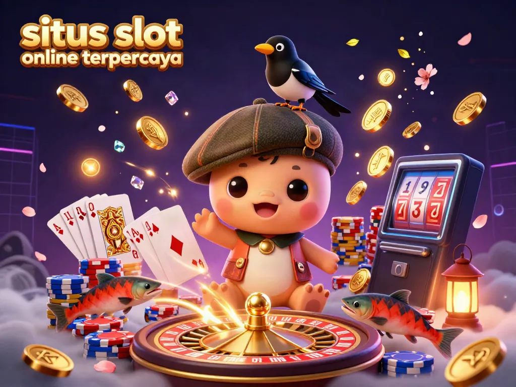 Visual ceria situs slot online terpercaya dengan baby Nessie, magpie, dan salmon dalam suasana kasino.