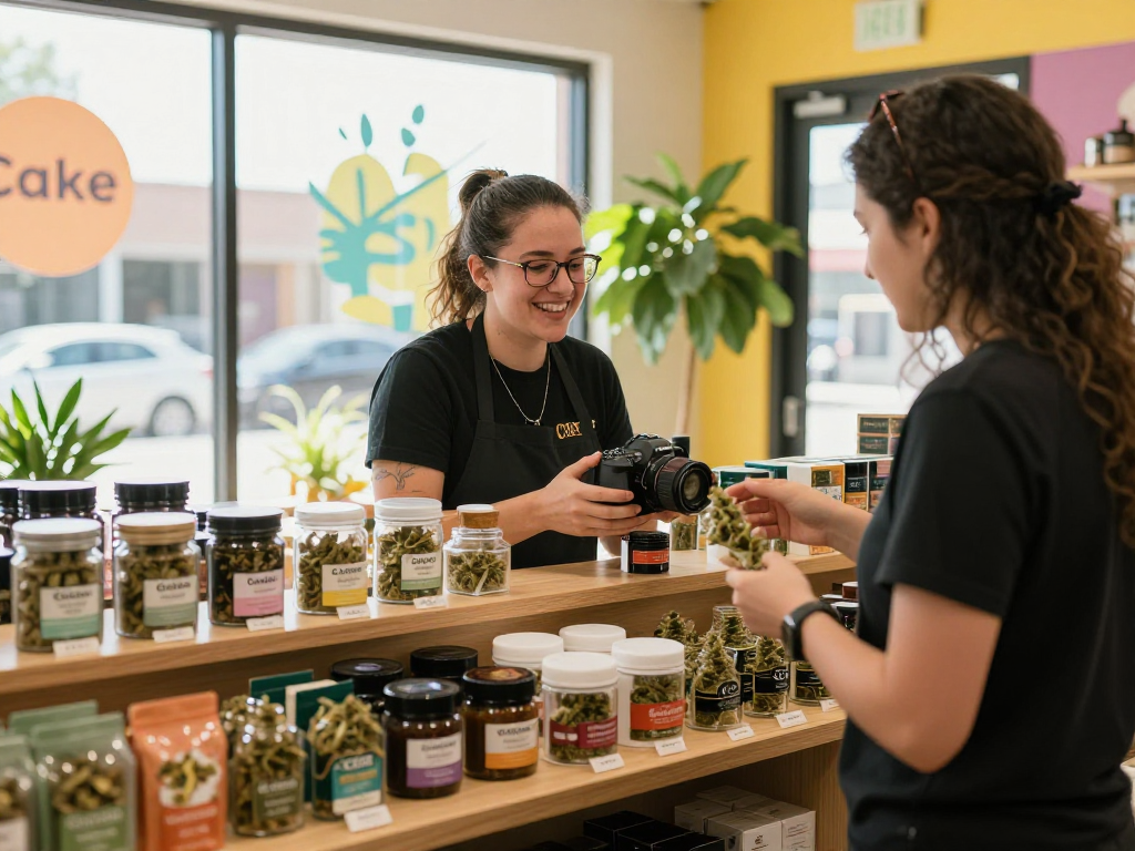 Customer exploring Cake cart options at a vibrant cannabis dispensary.