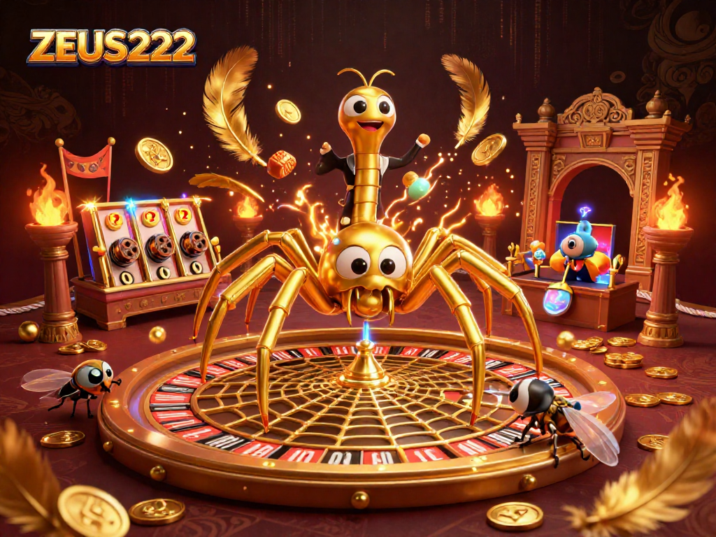 Engage with ZEUS222's unique slot strategies amidst a dynamic roulette wheel scene.
