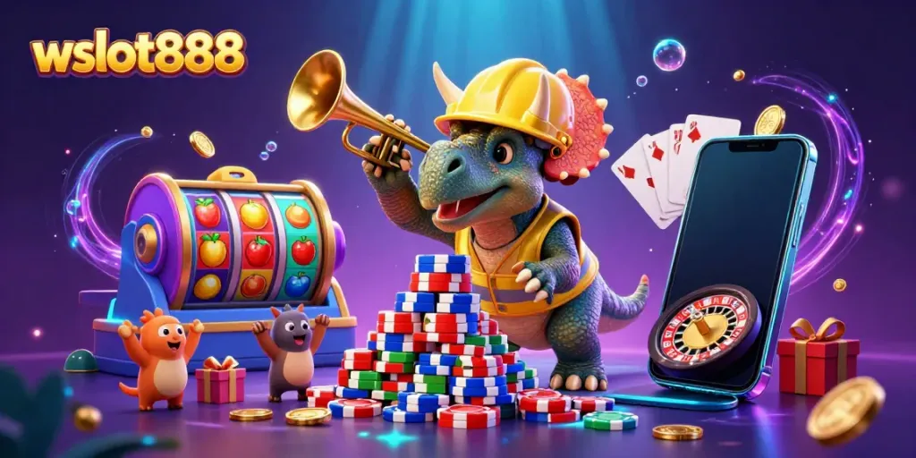 Membangun piramida chip poker, wslot888 hadir dalam ilustrasi kasino 3D yang ceria.