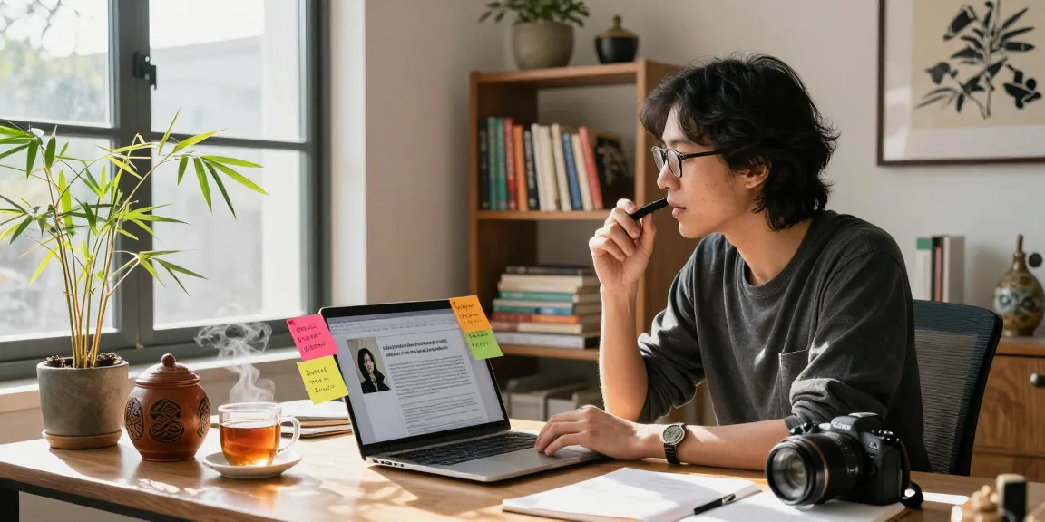 Writer crafting engaging content about Asian culture in Spanish at https://hanadultalk.com workspace, vibrant and creative atmosphere.