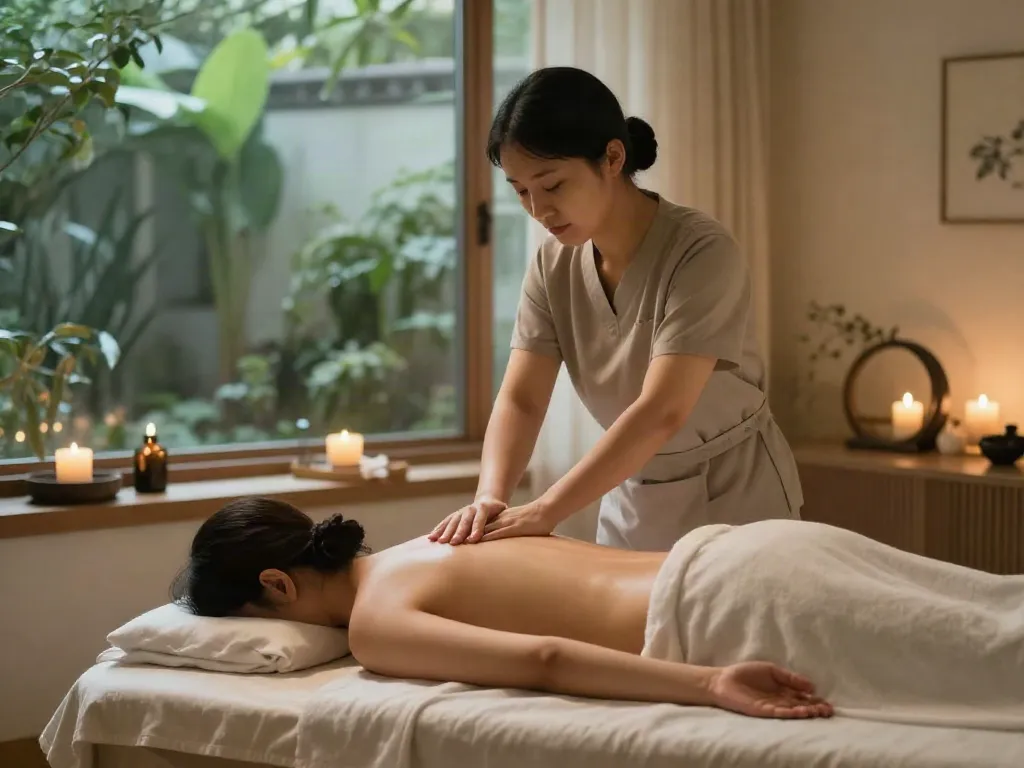 Serene 서대문출장마사지 therapy scene with soothing ambiance and nature elements