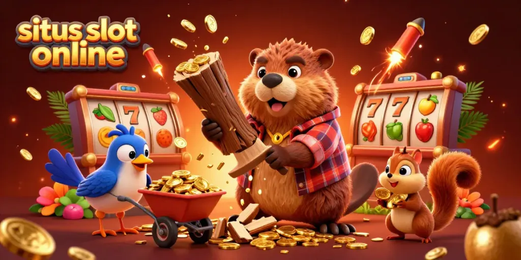 Tangkap momen seru bermain situs slot online dengan karakter kartun mengumpulkan koin emas dalam ilustrasi 3D.