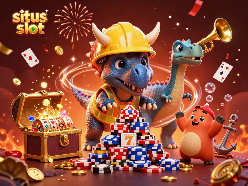 Situs slot dynamic scene featuring a triceratops and parasaurolophus celebrating as they create a poker chip pyramid.