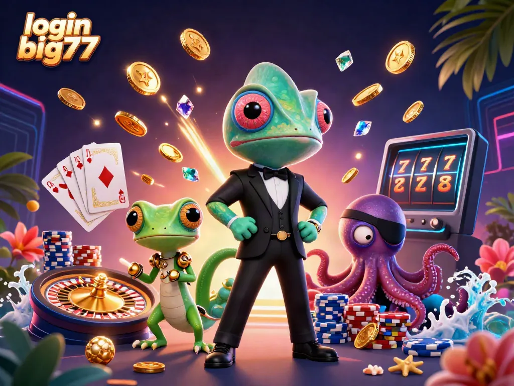 Experience the excitement with login big777 through a vibrant 3D illustration of a secret agent chameleon, a smart gecko, and a villainous octopus amidst cascading coins and casino elements.