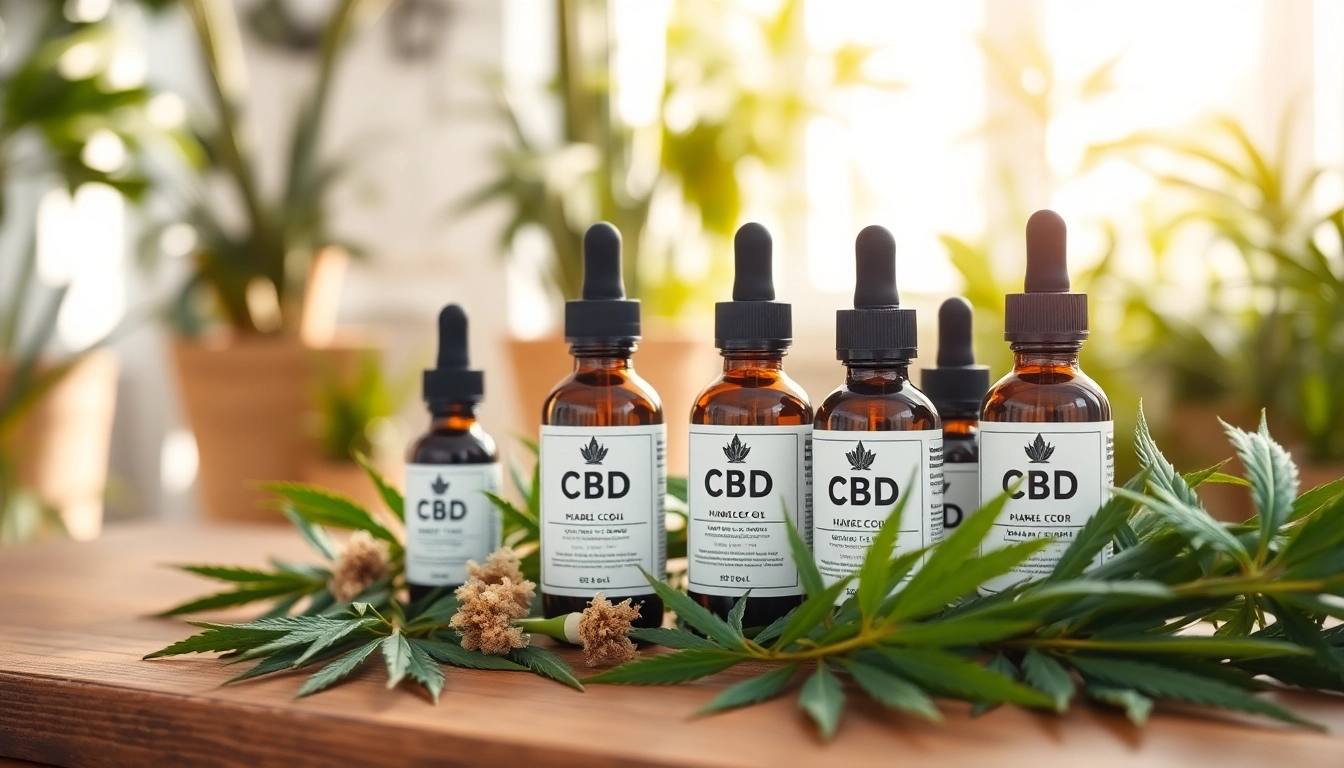Showcase CBD products on a wooden table, surrounded by fresh hemp leaves, in a bright room.