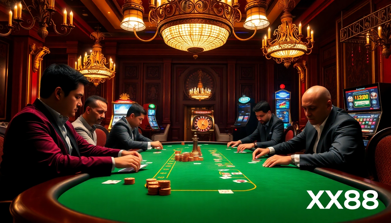 Engaged players at a poker table highlight Nhà cái XX88's vibrant gaming atmosphere.