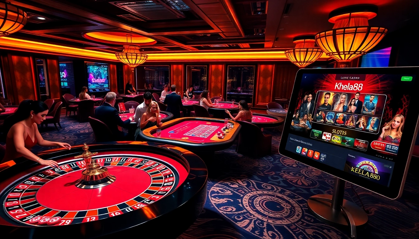 Khela88 casino scene featuring roulette, poker, and engaging players in a vibrant atmosphere.