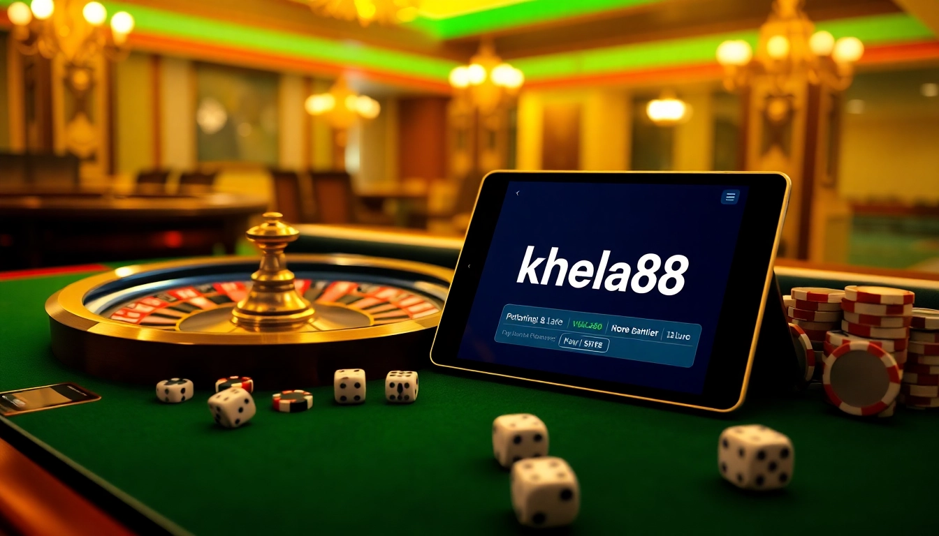 Khela88 লগইন করুন and immerse in a vibrant casino scene with roulette and poker chips, reflecting excitement in gambling.