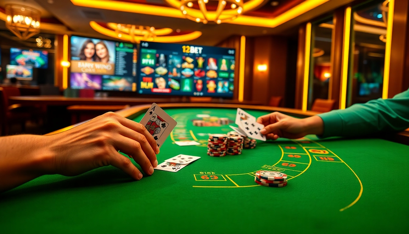 Engage with the exciting online gambling offerings of link 12bet, featuring vibrant casino tables and poker chips.