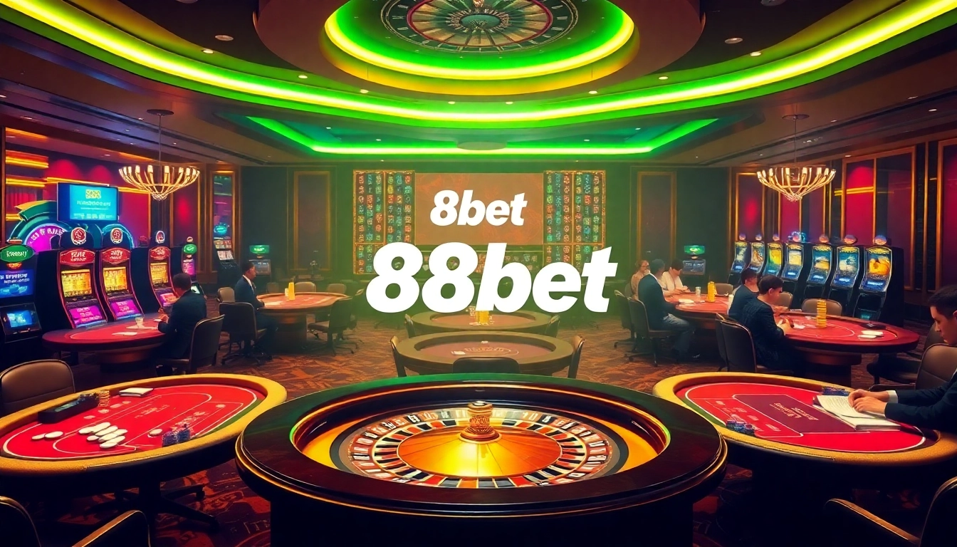 Engaged players at a high-stakes table at 88bet casino, with roulette wheel and vibrant lights.