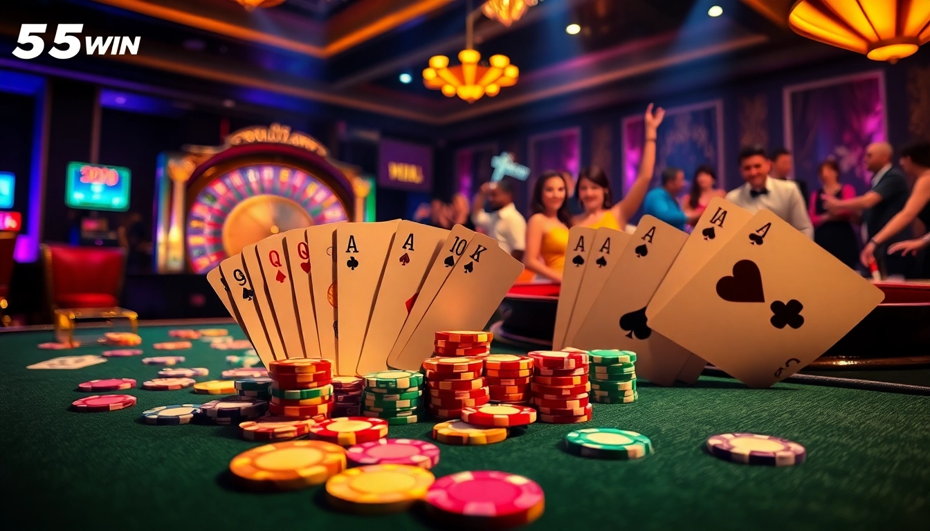 Exciting poker game at 555win casino with colorful chips and cards, engaging players.
