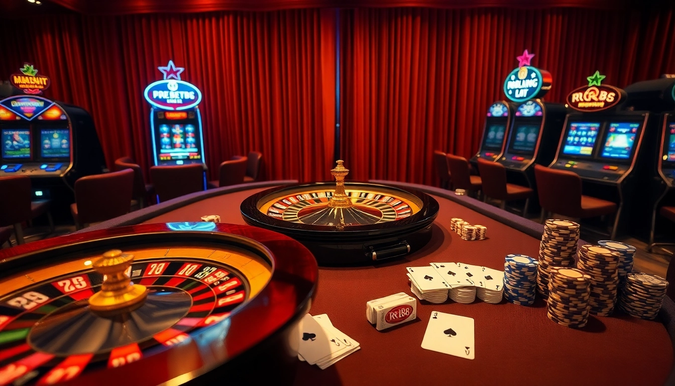 Experience the excitement of RR88 with a vibrant casino scene featuring roulette, poker chips, and slot machines.