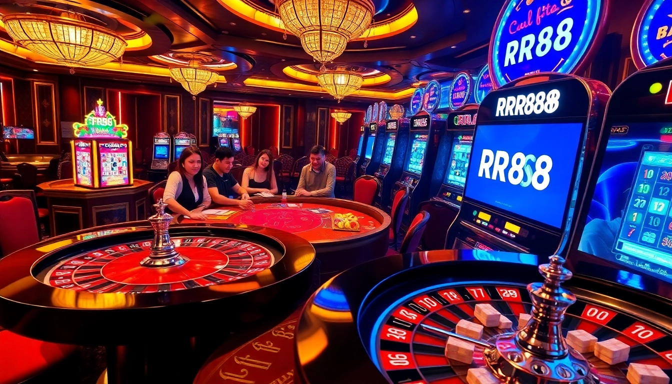 Experience the excitement of RR88 casino gaming with dynamic tables, cards, and vibrant slot machines.