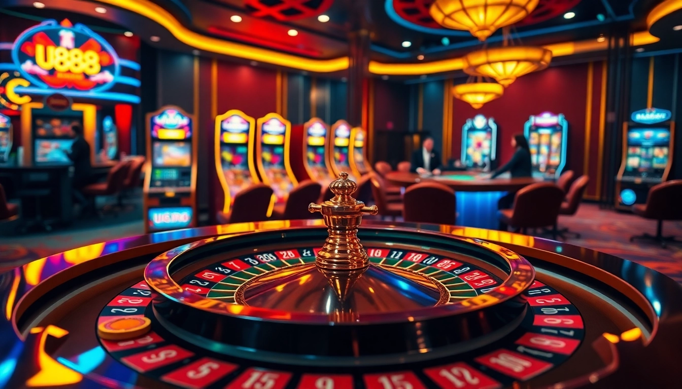 Experience thrilling gameplay at u888, featuring a vibrant casino atmosphere with roulette and slot machines.