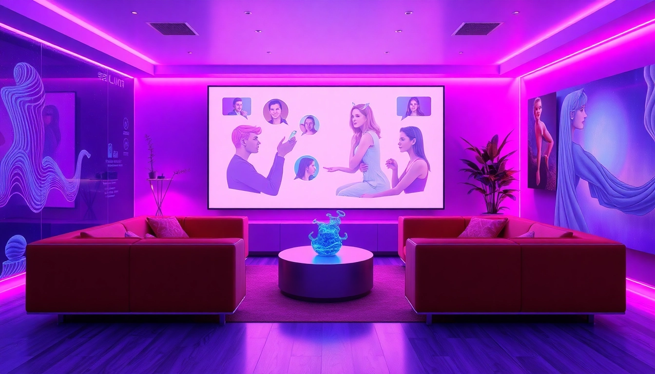 Engage in AI porn chat with interactive characters in a modern lounge.