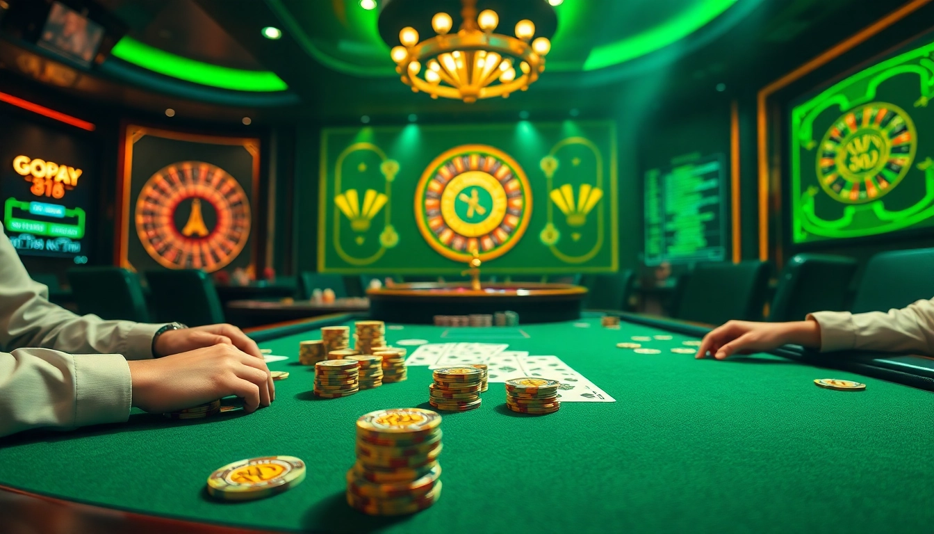 Players enjoying intense poker gameplay at a Gopay88 casino table, highlighting excitement and luxury.